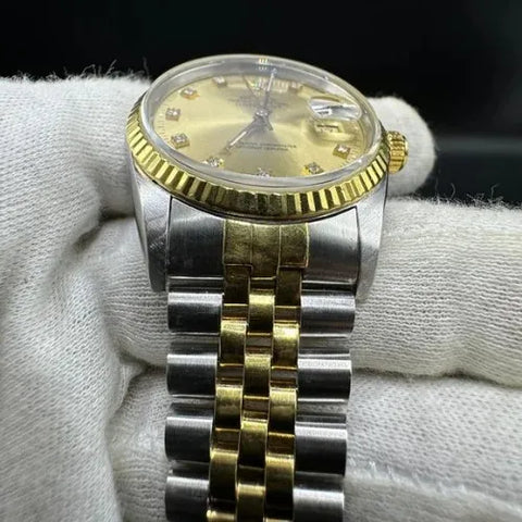 Rolex Datejust 36mm 18K Gold Steel Champagne Diamond Dial Watch 16233