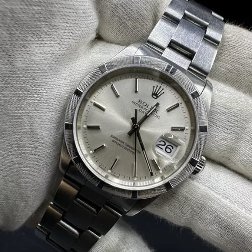 Rolex Oyster Perpetual Date Silver Dial 34mm Stainless Steel Engine-turned Bezel Watch 15210