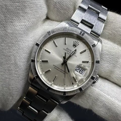 Rolex Oyster Perpetual Date Silver Dial 34mm Stainless Steel Engine-turned Bezel Watch 15210