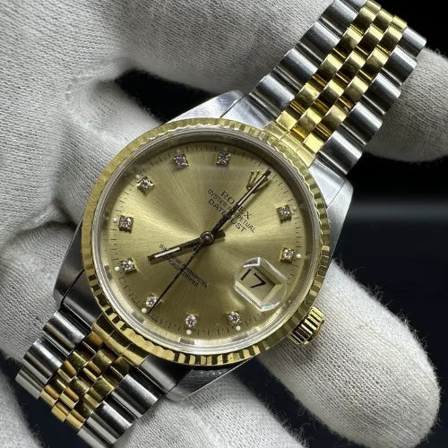 Rolex Datejust 36mm 18K Gold Steel Champagne Diamond Dial Watch 16233