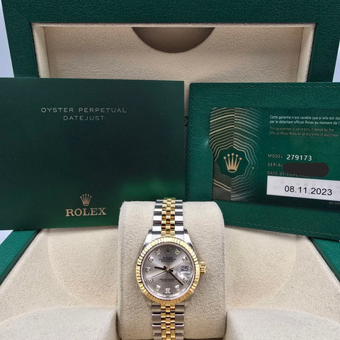 2023 PAPERS Rolex Lady Datejust 28mm 279173 Silver Diamond Dial Jubilee BOX