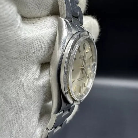 Rolex Oyster Perpetual Date Silver Dial 34mm Stainless Steel Engine-turned Bezel Watch 15210