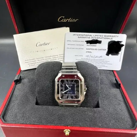 Cartier Santos 2024 MINT Santos Blue Dial Medium Size 35mm Steel Watch WSSA0063 B + P