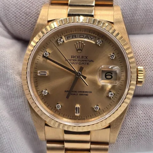 Rolex 18K Gold Day-Date President Gold Champagne Diamond Dial 36mm Watch 18238