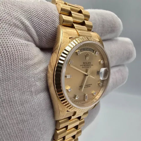 Rolex 18K Gold Day-Date President Gold Champagne Diamond Dial 36mm Watch 18238