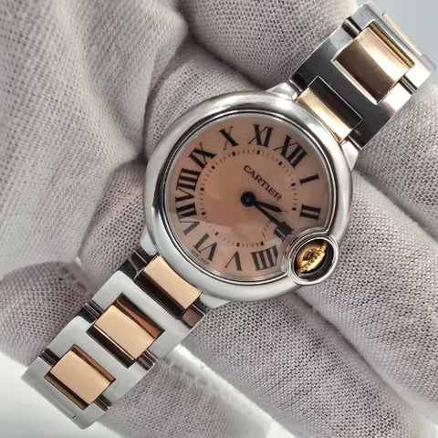 Cartier Ladies Ballon Bleu MOP Dial 18K Rose Gold Steel 28mm Watch W6920034 B+P