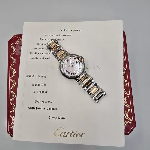 Cartier Ladies Ballon Bleu MOP Dial 18K Rose Gold Steel 28mm Watch W6920034 B+P