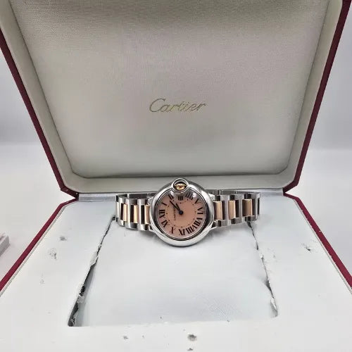 Cartier Ladies Ballon Bleu MOP Dial 18K Rose Gold Steel 28mm Watch W6920034 B+P