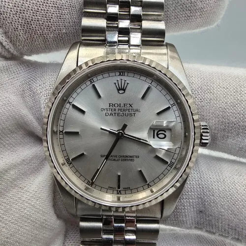 MINT 2005 Rolex Datejust Steel No Hole Jubilee Silver Dial 16234 36mm Watch