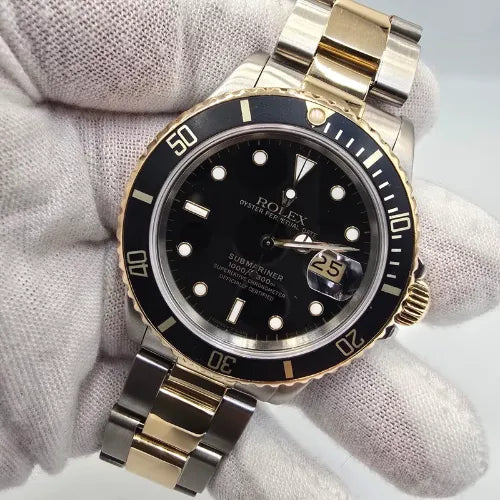 Rolex Submariner Date 18K Yellow Gold Black Stainless Steel 40mm Watch 16803