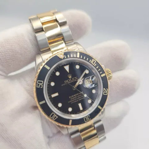 Rolex Submariner Date 18K Yellow Gold Black Stainless Steel 40mm Watch 16803