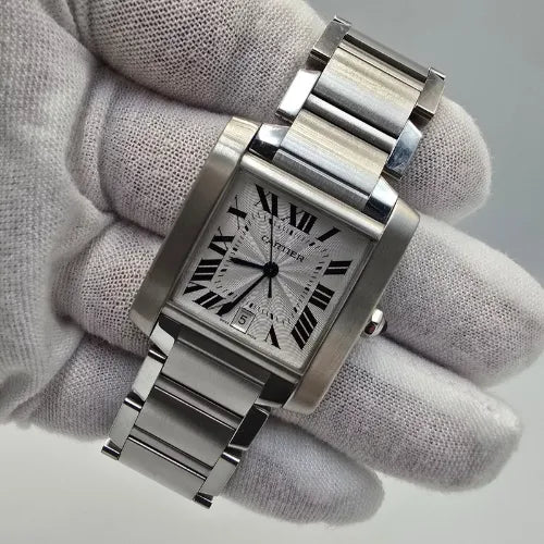 2010 Cartier Large Tank Francaise Silver Roman Steel 28mm Watch 2302 W51002Q3 +P