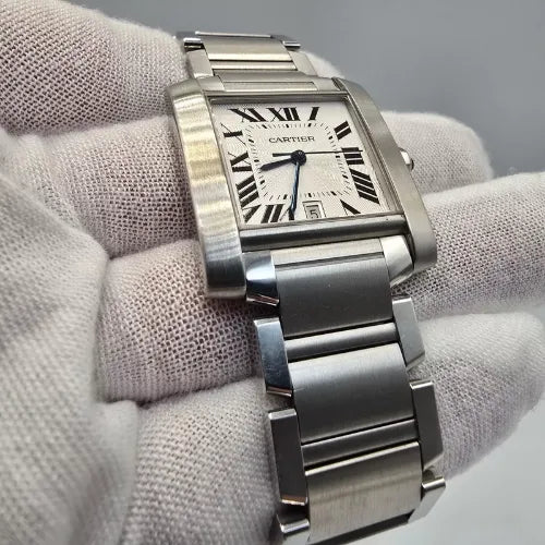 2010 Cartier Large Tank Francaise Silver Roman Steel 28mm Watch 2302 W51002Q3 +P