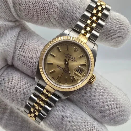 Rolex Lady Datejust Gold Steel Fluted Bezel Champagne Jubilee 26mm Watch 79173