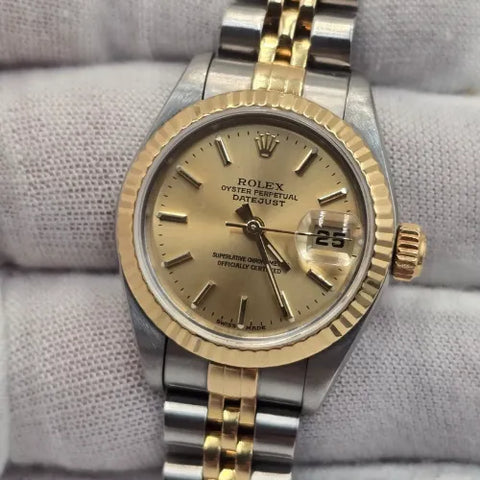 Rolex Lady Datejust Gold Steel Fluted Bezel Champagne Jubilee 26mm Watch 79173