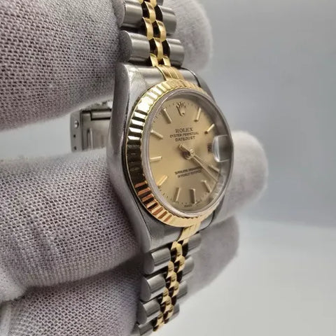 Rolex Lady Datejust Gold Steel Fluted Bezel Champagne Jubilee 26mm Watch 79173