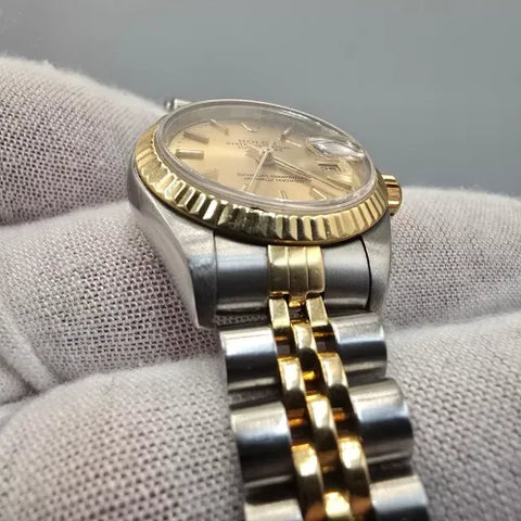 Rolex Lady Datejust Gold Steel Fluted Bezel Champagne Jubilee 26mm Watch 79173