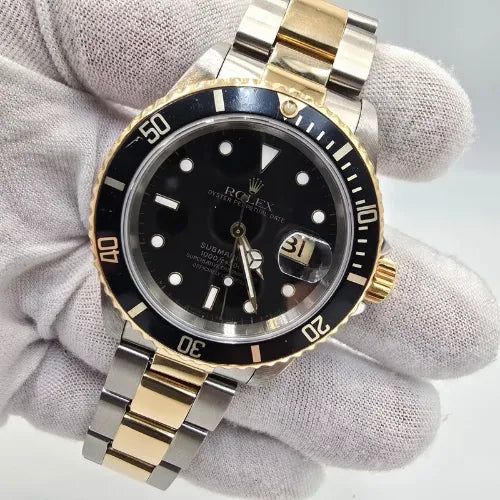 Rolex Submariner Date Black 18K Yellow Gold Stainless Steel 40mm Watch 16613