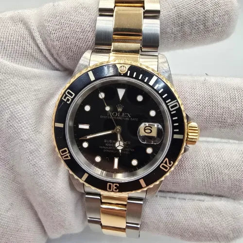 Rolex Submariner Date Black 18K Yellow Gold Stainless Steel 40mm Watch 16613