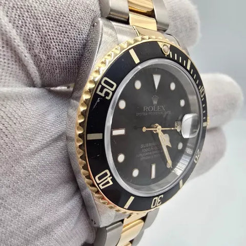 Rolex Submariner Date Black 18K Yellow Gold Stainless Steel 40mm Watch 16613