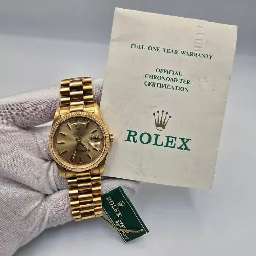 PAPERS Rolex President Day Date 36 Champagne Dial 18238 Double Quick Yellow Gold