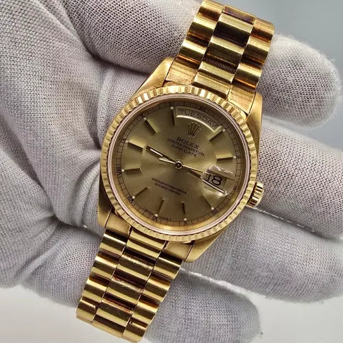 PAPERS Rolex President Day Date 36 Champagne Dial 18238 Double Quick Yellow Gold