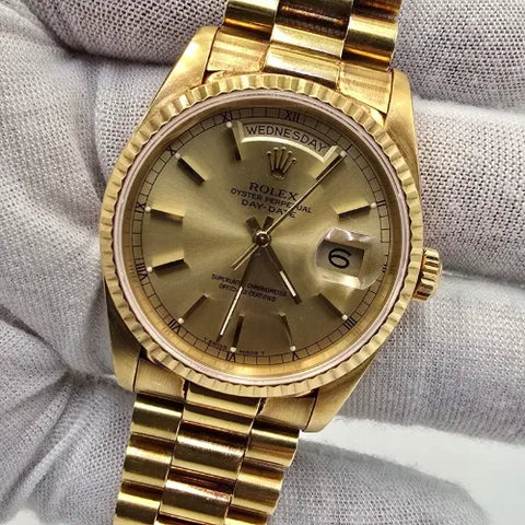 PAPERS Rolex President Day Date 36 Champagne Dial 18238 Double Quick Yellow Gold