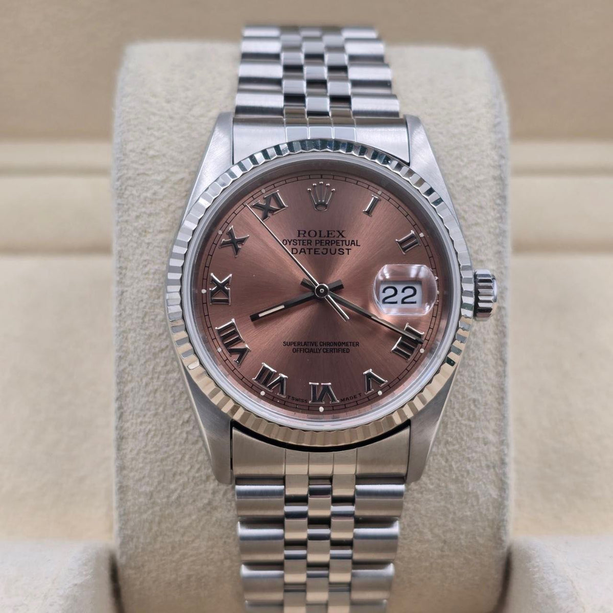 1994 Rolex Datejust Factory Pink Salmon Roman Dial Steel Jubilee 36mm 16234
