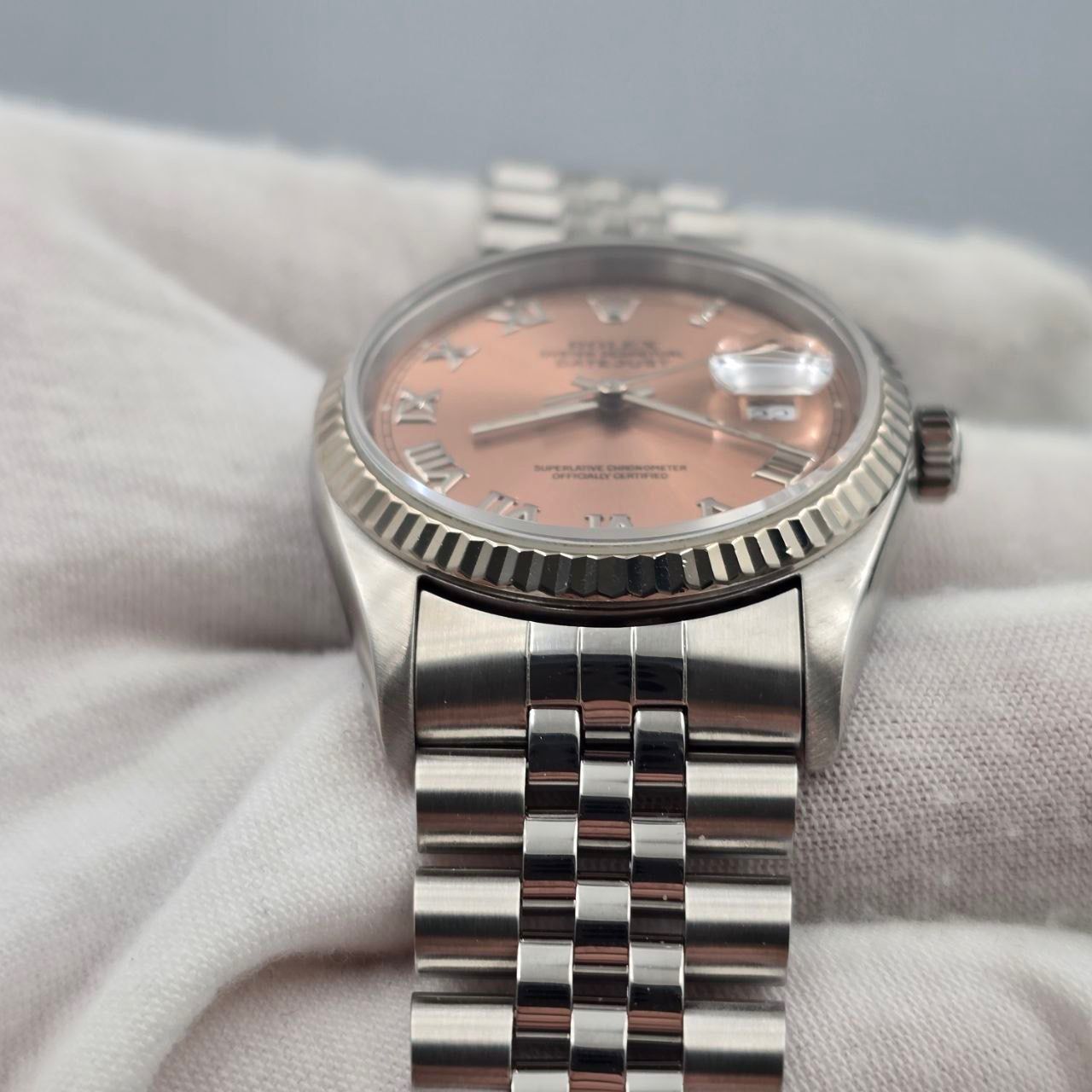 1994 Rolex Datejust Factory Pink Salmon Roman Dial Steel Jubilee 36mm 16234