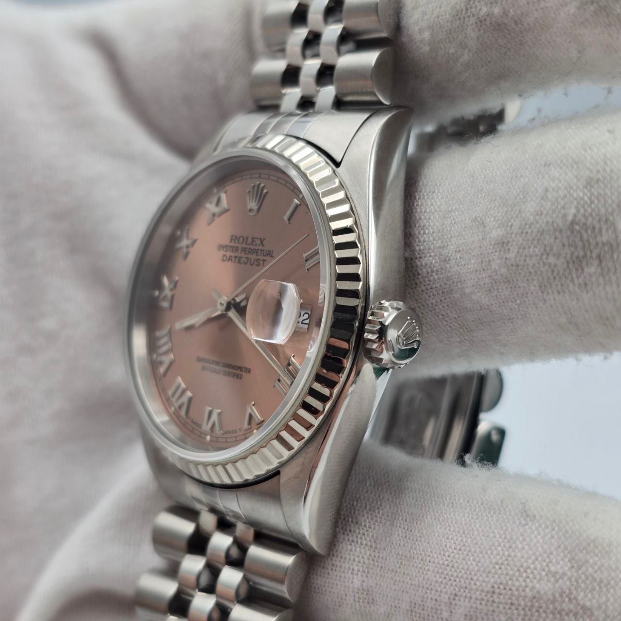 1994 Rolex Datejust Factory Pink Salmon Roman Dial Steel Jubilee 36mm 16234