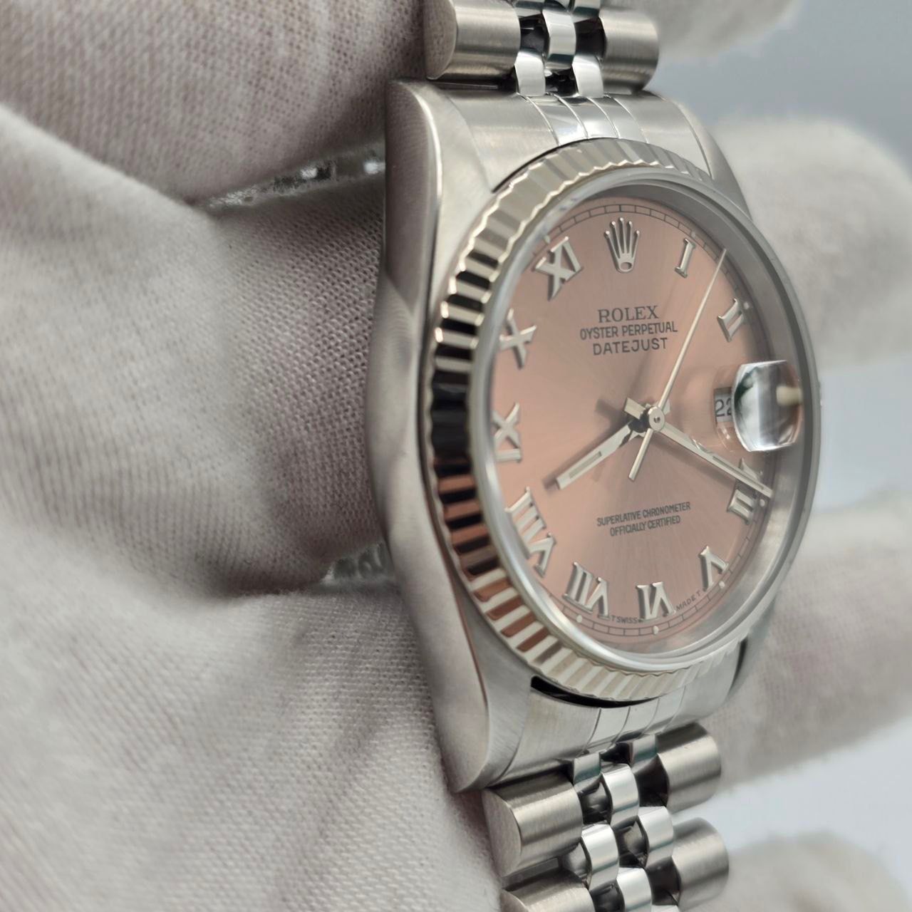 1994 Rolex Datejust Factory Pink Salmon Roman Dial Steel Jubilee 36mm 16234