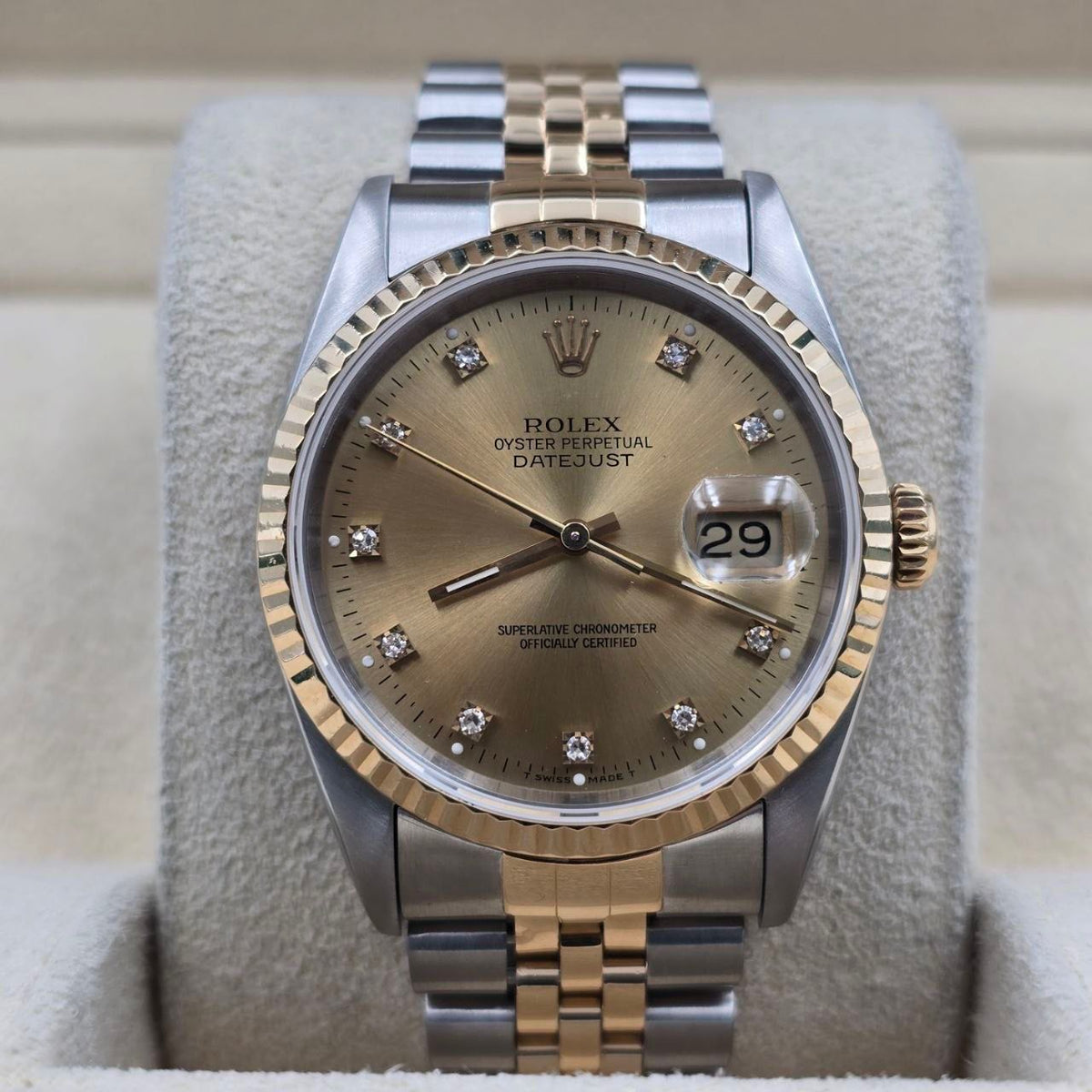 1991 Rolex Datejust 36mm Champagne Diamond Dial Two Tone Jubilee 16233