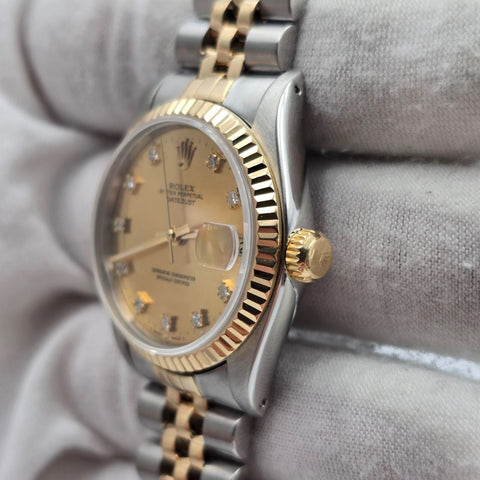 1990 Rolex Datejust Ladies 31mm Two-Tone Champagne Diamond Dial 68273