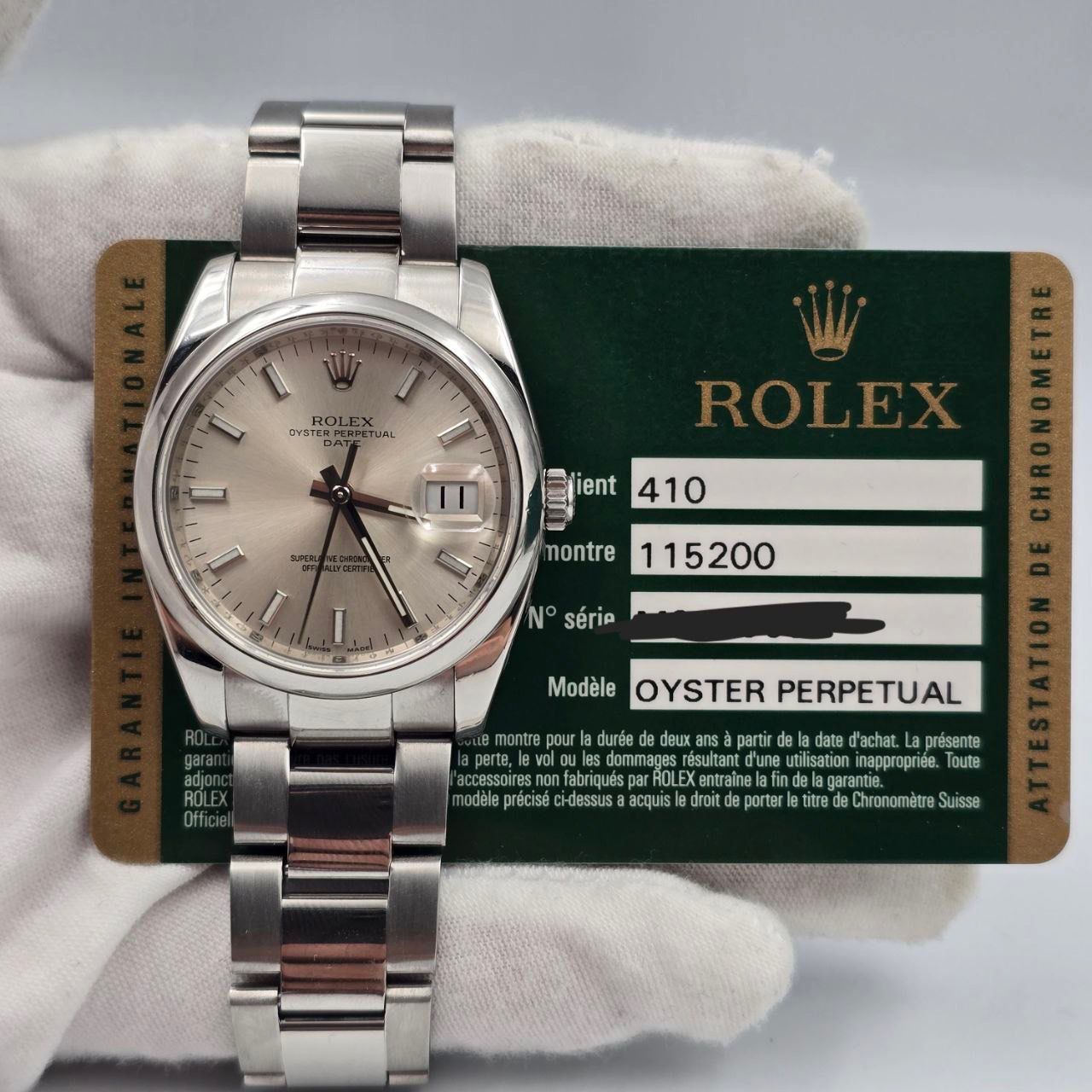 2008 PAPERS Rolex Oyster Perpetual Date 34mm Silver Dial Steel Oyster 115200