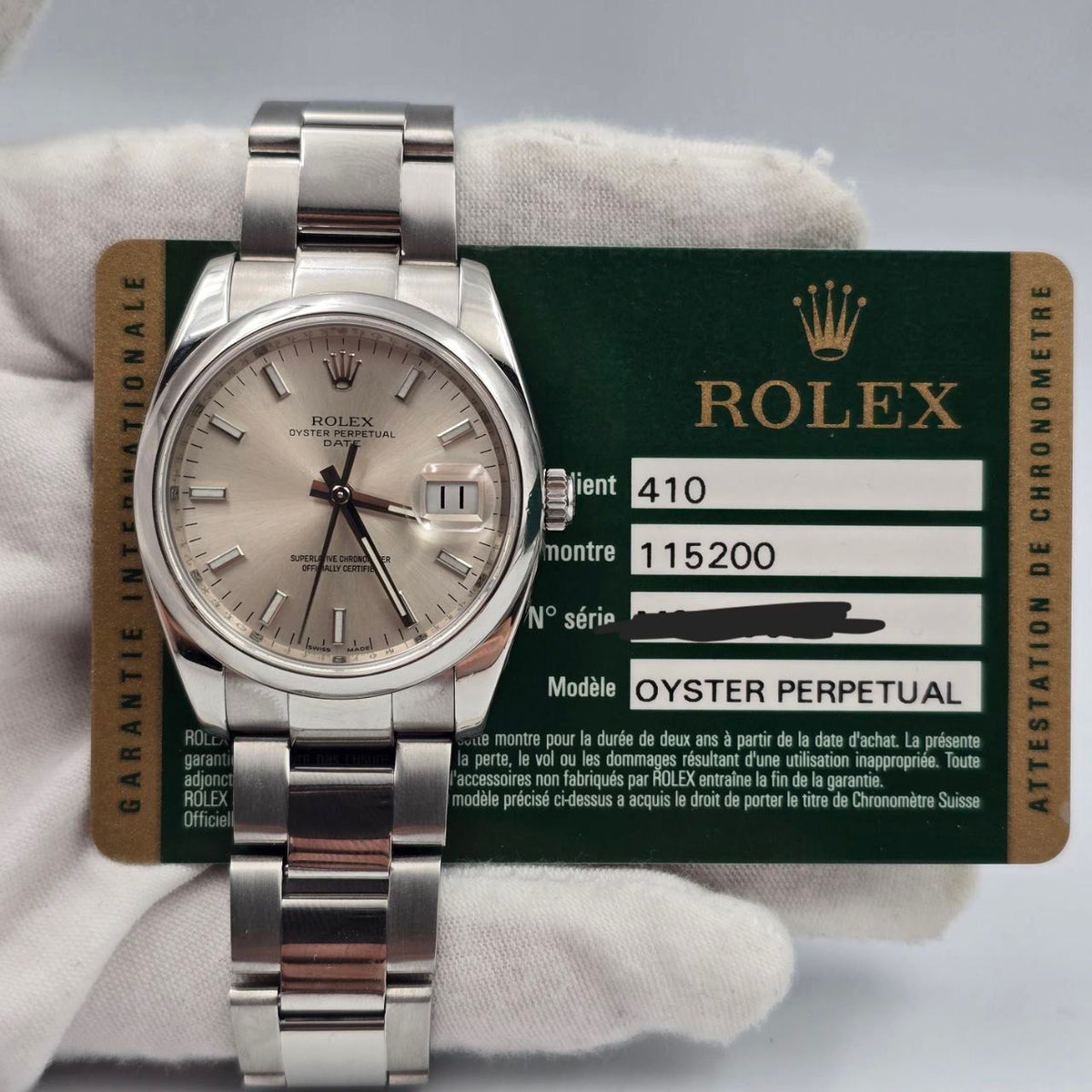 2008 PAPERS Rolex Oyster Perpetual Date 34mm Silver Dial Steel Oyster 115200
