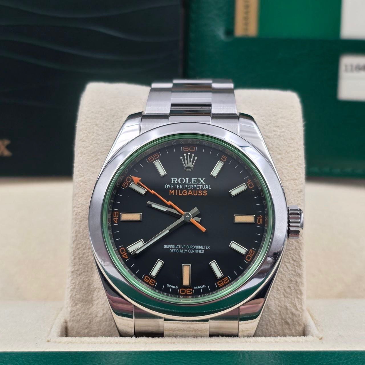 Rolex Milgauss 2014 FULL SET Milgauss 116400GV 40mm Steel Black Dial Green Crystal