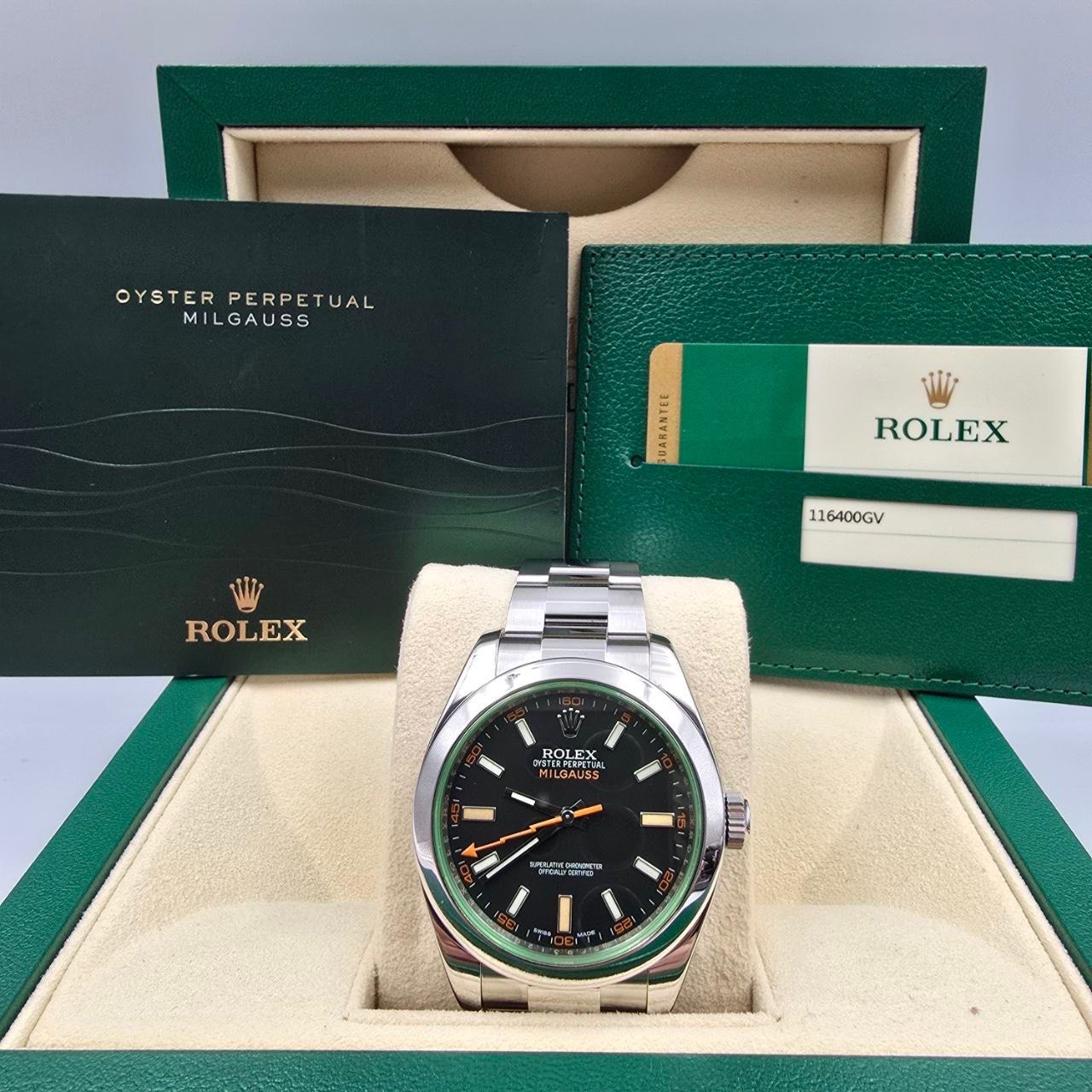 Rolex Milgauss 2014 FULL SET Milgauss 116400GV 40mm Steel Black Dial Green Crystal