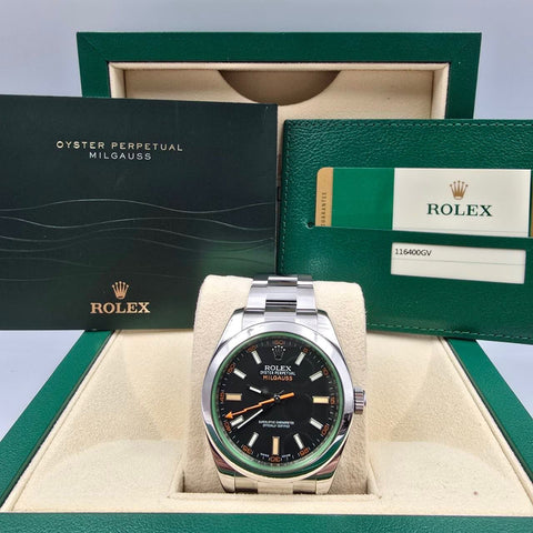 Rolex Milgauss 2014 FULL SET Milgauss 116400GV 40mm Steel Black Dial Green Crystal