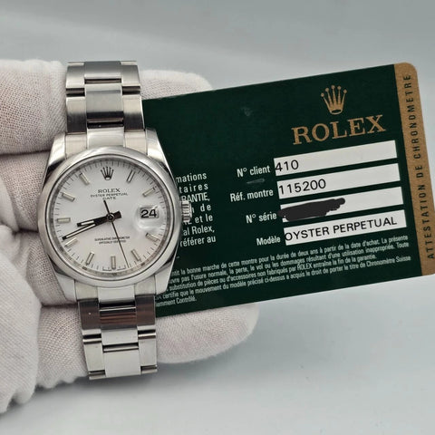 PAPERS Rolex Oyster Perpetual Date 34mm 115200 White Steel Oyster Watch