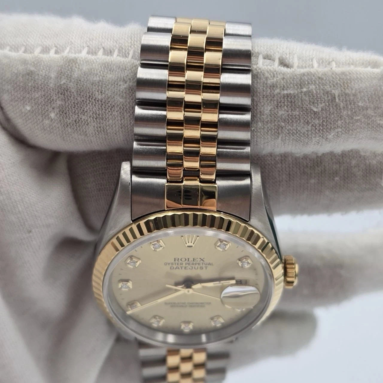 1996 PAPERS Rolex Datejust 36mm Champagne Diamond Dial Two Tone Jubilee 16233