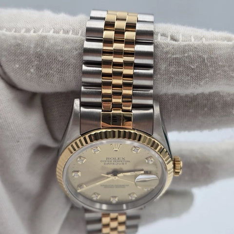 1996 PAPERS Rolex Datejust 36mm Champagne Diamond Dial Two Tone Jubilee 16233