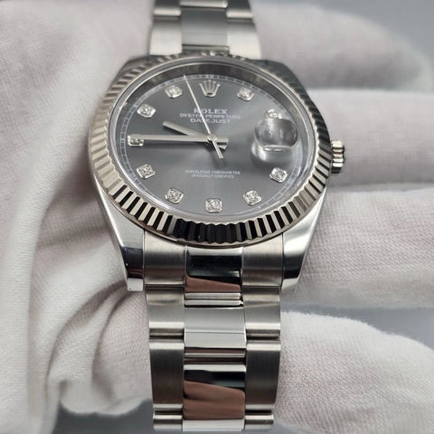 2023 PAPERS Rolex Datejust 41mm 126334 Oyster Rhodium Gray Diamond Dial BOX