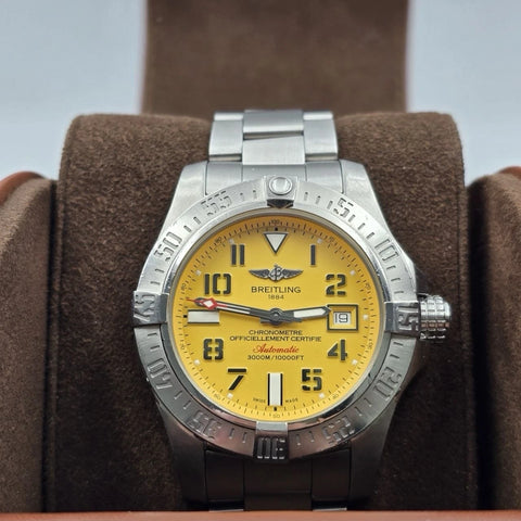 2017 PAPERS Breitling Avenger II Seawolf A173311 Yellow Dial 44mm Watch BOX