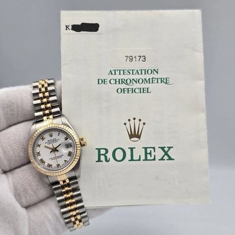 MINT PAPERS Rolex Datejust Gold Steel Fluted White Roman Jubilee 26mm 79173