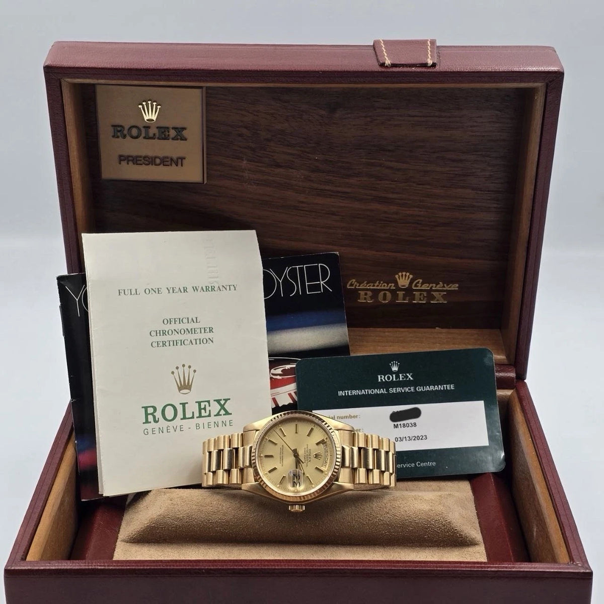MINT PAPERS Rolex Day-Date 18038 President 18k Gold Champagne 36mm BOX + RSC