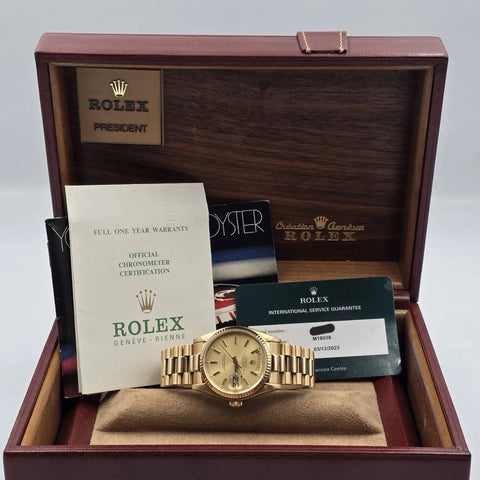 MINT PAPERS Rolex Day-Date 18038 President 18k Gold Champagne 36mm BOX + RSC