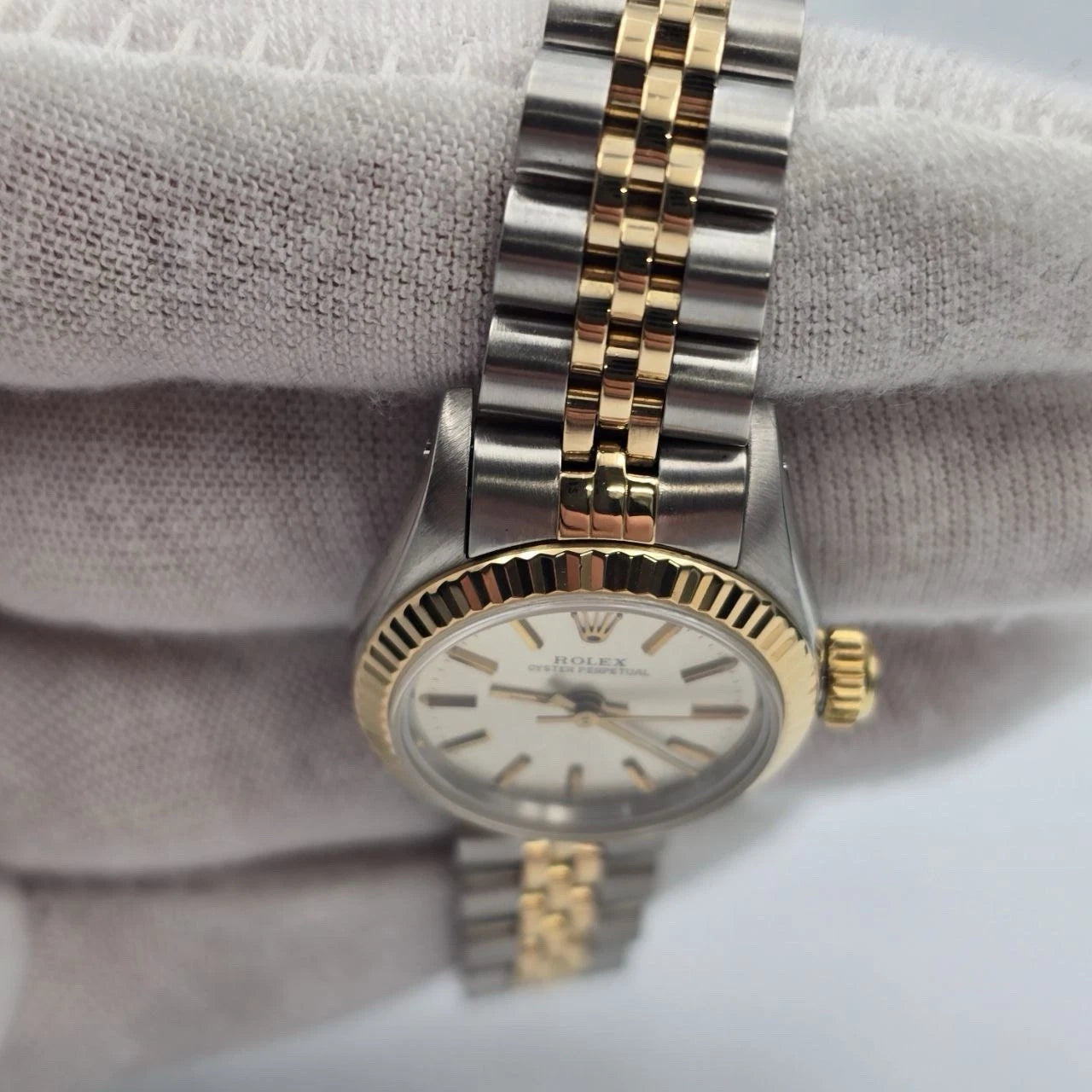 Rolex Oyster Perpetual 24mm Factory SILVER Dial TT Gold Steel Jubilee 67193