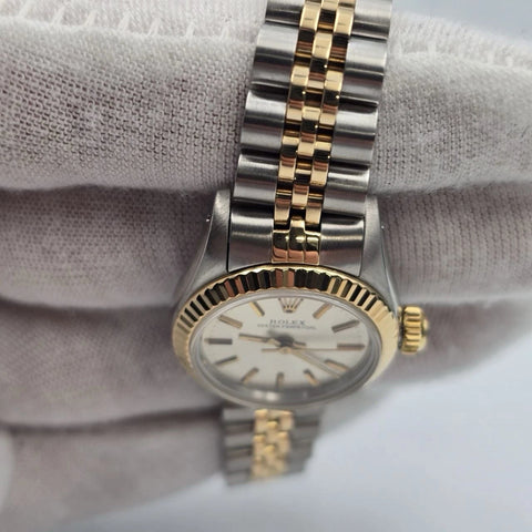 Rolex Oyster Perpetual 24mm Factory SILVER Dial TT Gold Steel Jubilee 67193