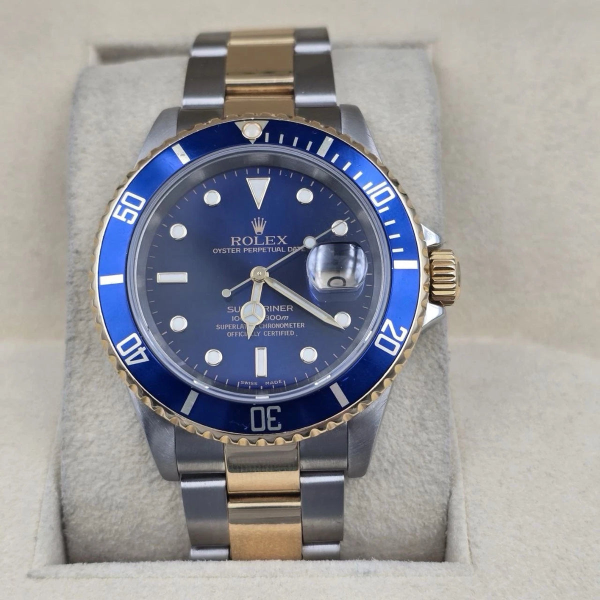2005 Rolex Submariner 16613 NO HOLES Blue Dial Two Tone Steel Gold 40mm Watch