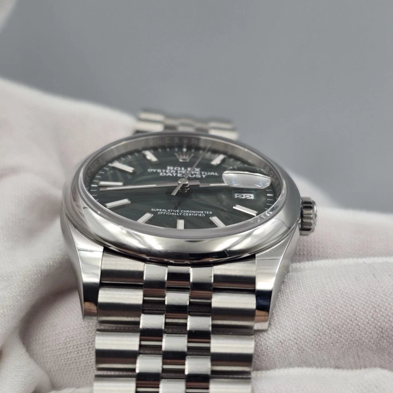 2023 PAPERS Rolex Datejust Green Palm Motif Dial Steel Jubilee 36mm 126200 BOX